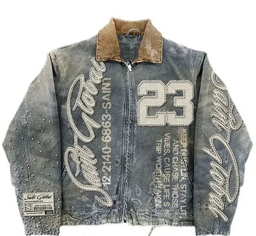 American Vintage Embroidered Leather Jacket Mens Hip Hop Motorcycle Jacket Rivet Patch Eagle Pattern Flame Embroidery Y2K Style