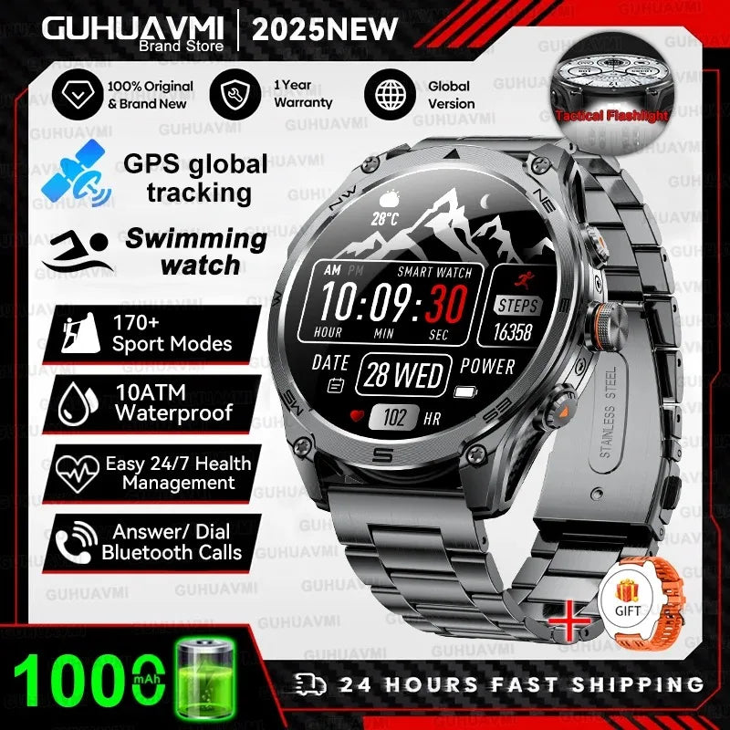 2025 New Military Smart Watch For Men 1000Mah Battery GPS Compass 10ATM Waterproof Flashlight Voice Call Sport Smart Watch Man