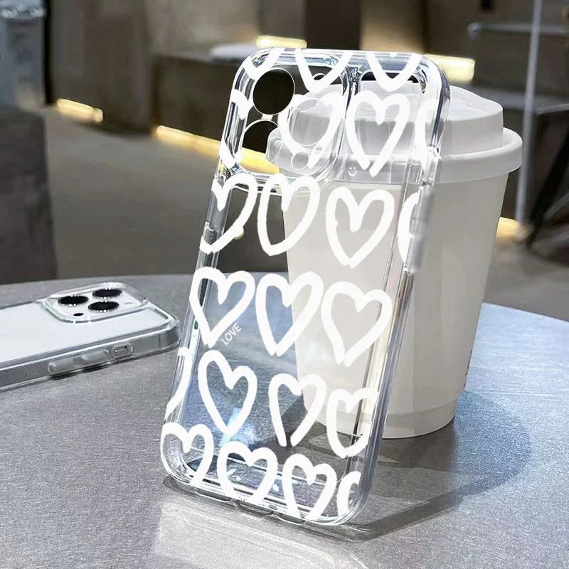 Cute Cartoon Love Heart Phone Case For iPhone 16 17 Air Pro Max 14 12 13 11 15 Case Mini 7 8 Plus Transparent Soft Cover