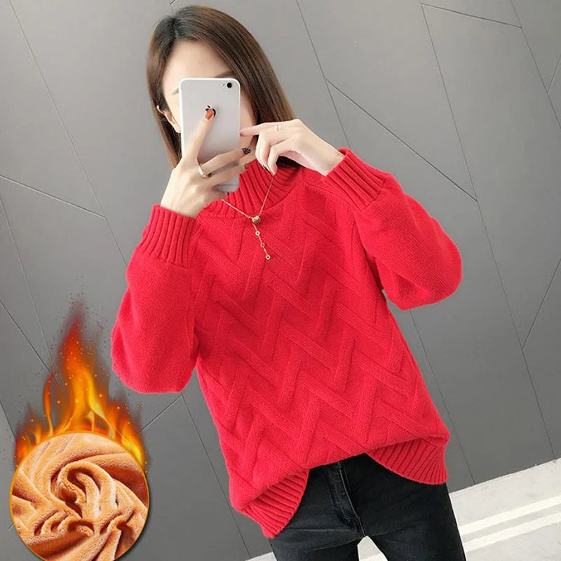 Winter Thicken Plus Velvet Sweaters For Women Casual Warm Knit Pullovers Korean Fleece Lined Knitwear Ribbed Bottomed Tops New