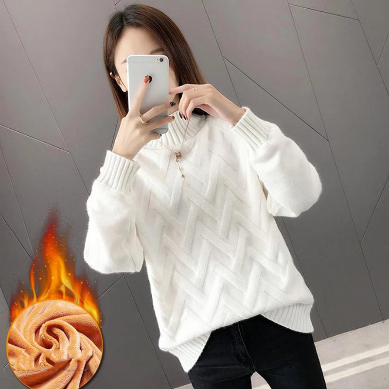Winter Thicken Plus Velvet Sweaters For Women Casual Warm Knit Pullovers Korean Fleece Lined Knitwear Ribbed Bottomed Tops New