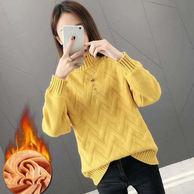Winter Thicken Plus Velvet Sweaters For Women Casual Warm Knit Pullovers Korean Fleece Lined Knitwear Ribbed Bottomed Tops New