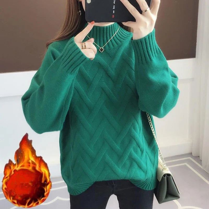 Winter Thicken Plus Velvet Sweaters For Women Casual Warm Knit Pullovers Korean Fleece Lined Knitwear Ribbed Bottomed Tops New