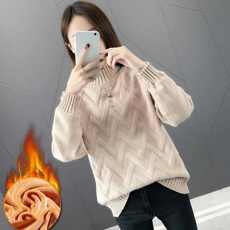 Winter Thicken Plus Velvet Sweaters For Women Casual Warm Knit Pullovers Korean Fleece Lined Knitwear Ribbed Bottomed Tops New