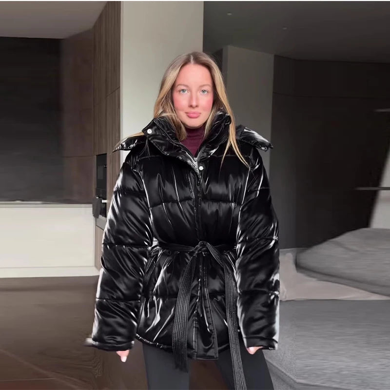 Elegant Women's Shiny Thicken Cotton Coats Hooded Detachable Zippers Lace Up Lady Coat 2025 Winter Chic Female Streetwear