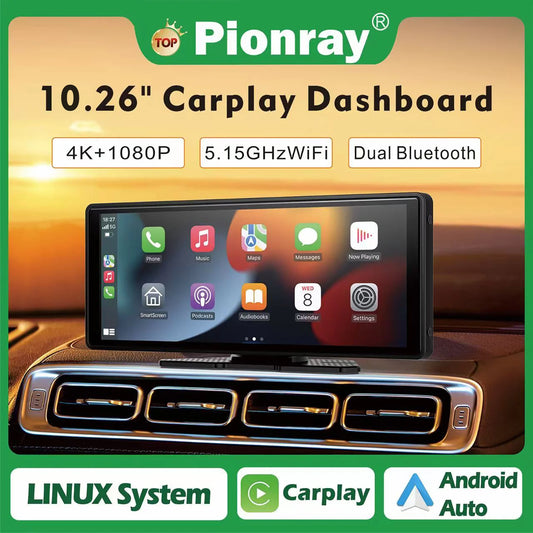 Pionray 10.26 inch Portable 4K Car DVR Wireless Carplay & Android Auto GPS Navigation Video Recorder Dashboard Dual Lens Wifi FM