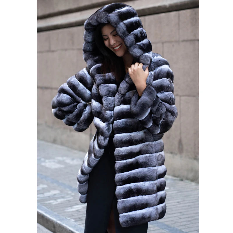 Women's fur coat winter warm mink coat casual mid-length thick hooded trench coat