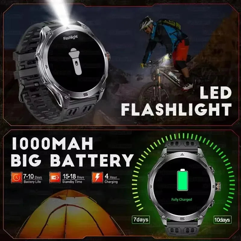 2025 New Military Smart Watch For Men 1000Mah Battery GPS Compass 10ATM Waterproof Flashlight Voice Call Sport Smart Watch Man