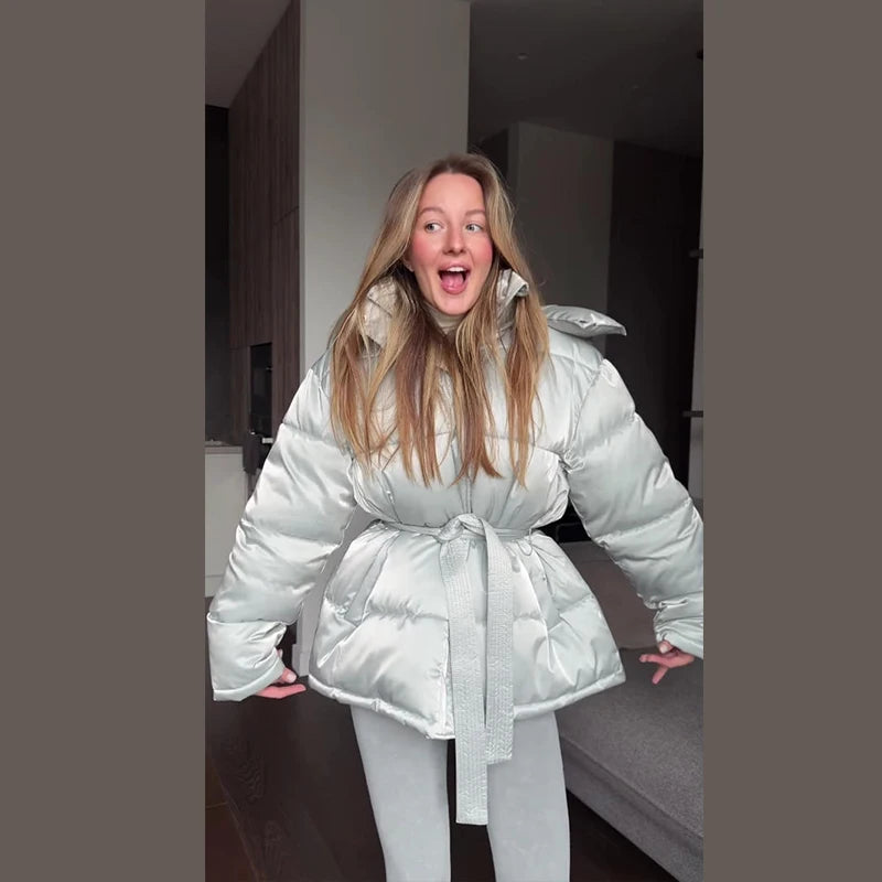 Elegant Women's Shiny Thicken Cotton Coats Hooded Detachable Zippers Lace Up Lady Coat 2025 Winter Chic Female Streetwear