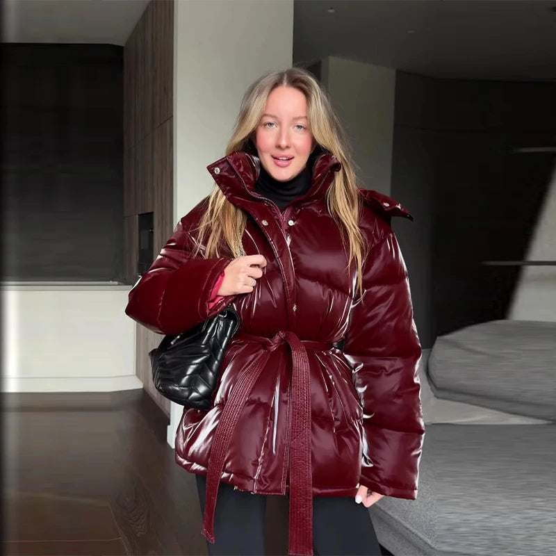 Elegant Women's Shiny Thicken Cotton Coats Hooded Detachable Zippers Lace Up Lady Coat 2025 Winter Chic Female Streetwear