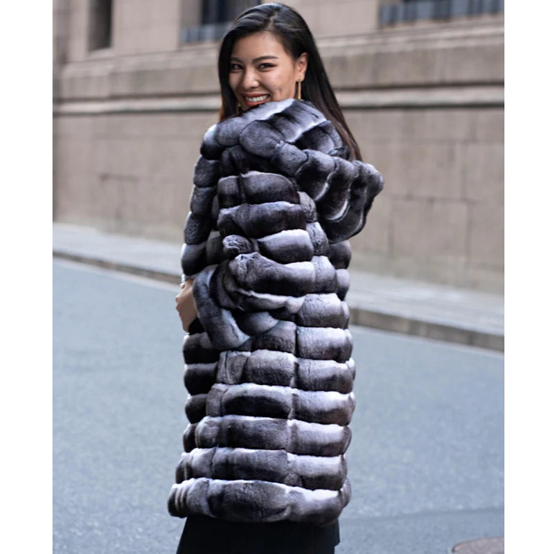Women's fur coat winter warm mink coat casual mid-length thick hooded trench coat