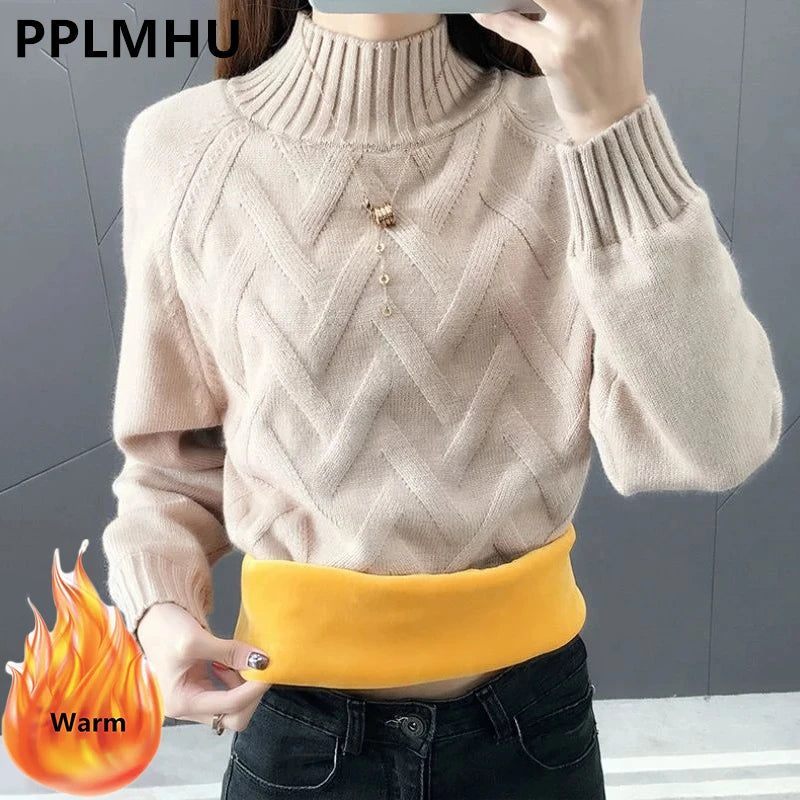 Winter Thicken Plus Velvet Sweaters For Women Casual Warm Knit Pullovers Korean Fleece Lined Knitwear Ribbed Bottomed Tops New