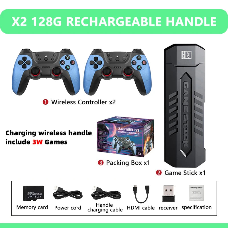 X2 Blue Video Game Stick 4K Video Game Stick Console 2.4G Double Wireless Controller HD 30000 Games 128G Retro Game Ship from US