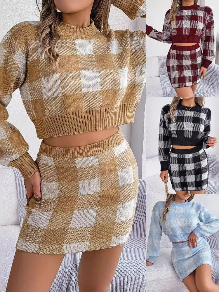 Autumn Winter Women's Clothing New Fashion Contrasting Plaid Long Sleeved Crop Top Sweater Hip Hugging Skirt Casual Suit