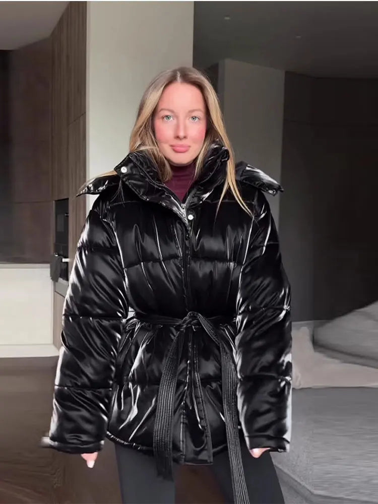 Elegant Women's Shiny Thicken Cotton Coats Hooded Detachable Zippers Lace Up Lady Coat 2025 Winter Chic Female Streetwear