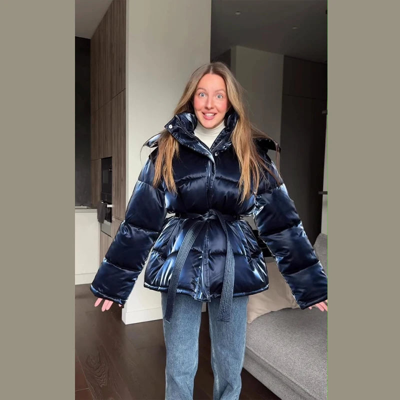 Elegant Women's Shiny Thicken Cotton Coats Hooded Detachable Zippers Lace Up Lady Coat 2025 Winter Chic Female Streetwear