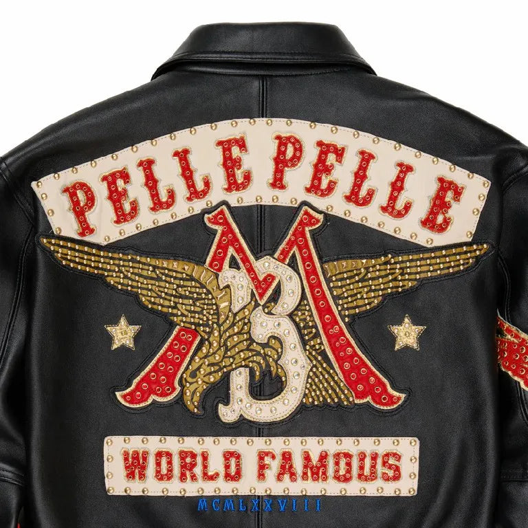 American Vintage Embroidered Leather Jacket Mens Hip Hop Motorcycle Jacket Rivet Patch Eagle Pattern Flame Embroidery Y2K Style