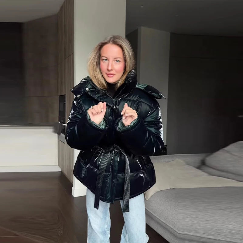 Elegant Women's Shiny Thicken Cotton Coats Hooded Detachable Zippers Lace Up Lady Coat 2025 Winter Chic Female Streetwear