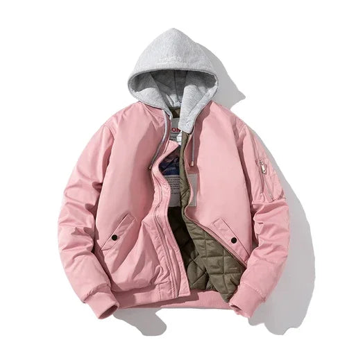 Men Bomber Jacket Solid Autumn Winter Pilot Jacket Women Vintage Fashion Hooded Baseball Coat Casual Windbreak Parkas Red Pink