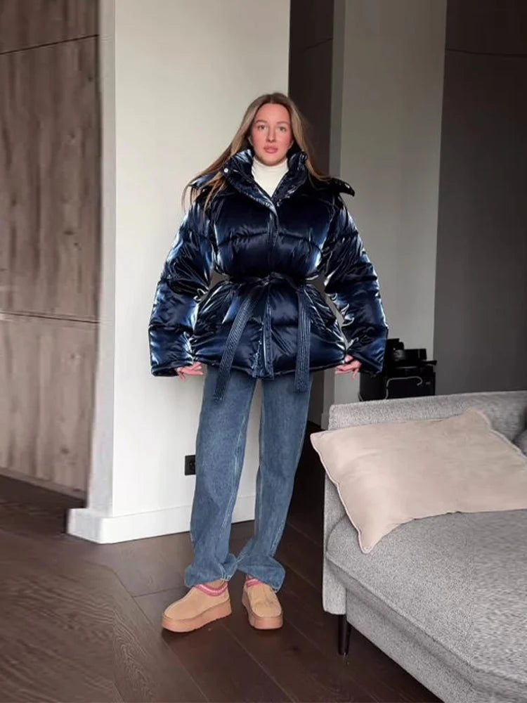 Elegant Women's Shiny Thicken Cotton Coats Hooded Detachable Zippers Lace Up Lady Coat 2025 Winter Chic Female Streetwear