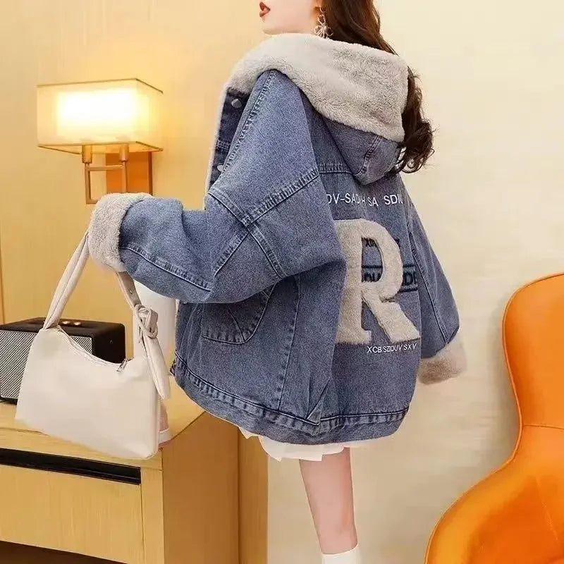Plus Fleece Thickened Denim Coat Women'S 2022 Winter New Loose Hooded All-Fit Cotton Suit Top Alphabet Embroidery