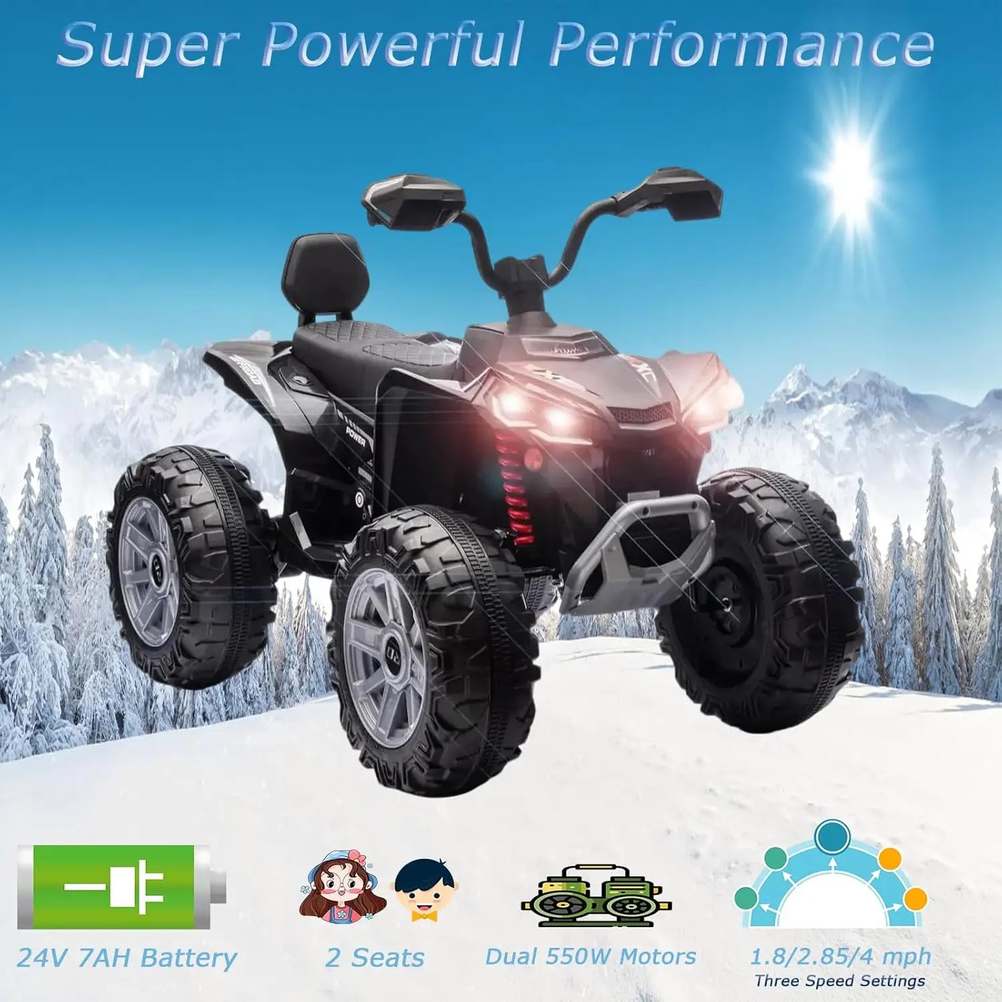 24V Kids Electric ATV 4-Wheeler (2-Seater) Ride on Car Toy with Dual 550w Motor Off-Road with LED Lights & Music Player 3-8Years