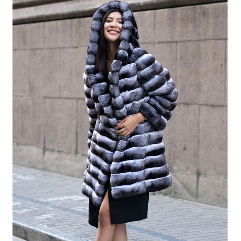 Women's fur coat winter warm mink coat casual mid-length thick hooded trench coat