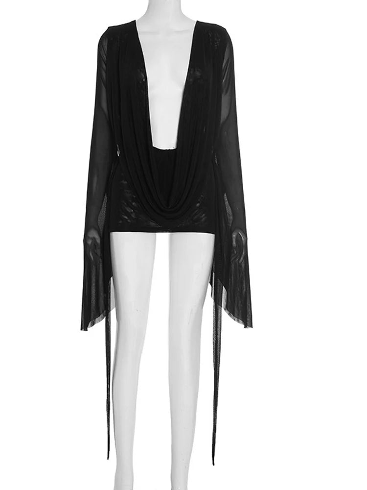 Beyprern Elegant Flare Sleeve V Neck Ruched Sheer Mesh Short Dress Pink Holiday Outfits Beach Cover-Up Dress Night Out Vestidos