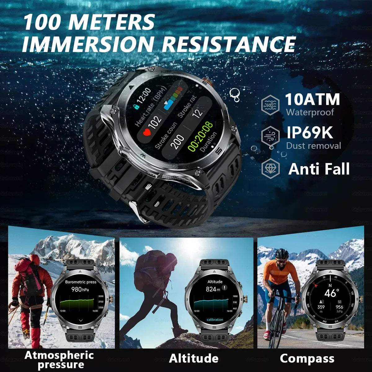 2025 New Military Smart Watch For Men 1000Mah Battery GPS Compass 10ATM Waterproof Flashlight Voice Call Sport Smart Watch Man
