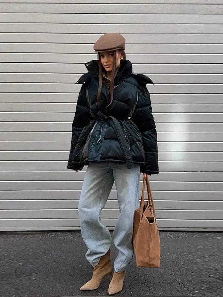 Elegant Women's Shiny Thicken Cotton Coats Hooded Detachable Zippers Lace Up Lady Coat 2025 Winter Chic Female Streetwear