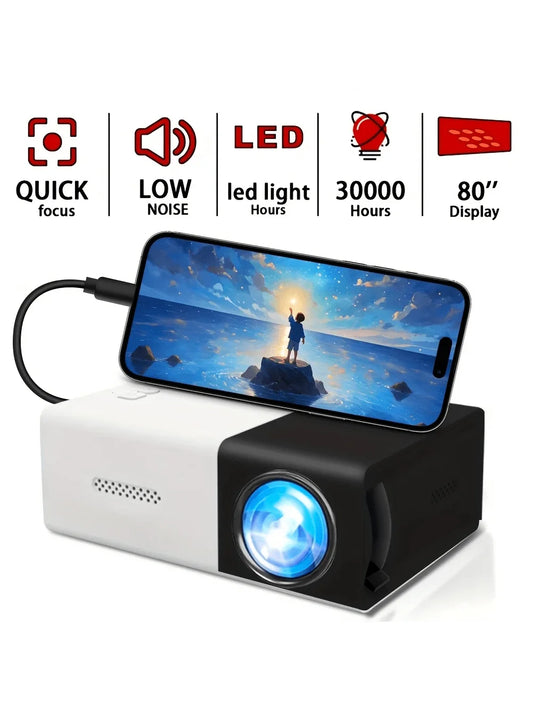 1pc 2025 Mini HD Smart Projector w/ Remote, Phone Screen Sharing, USB, for Office/Travel"