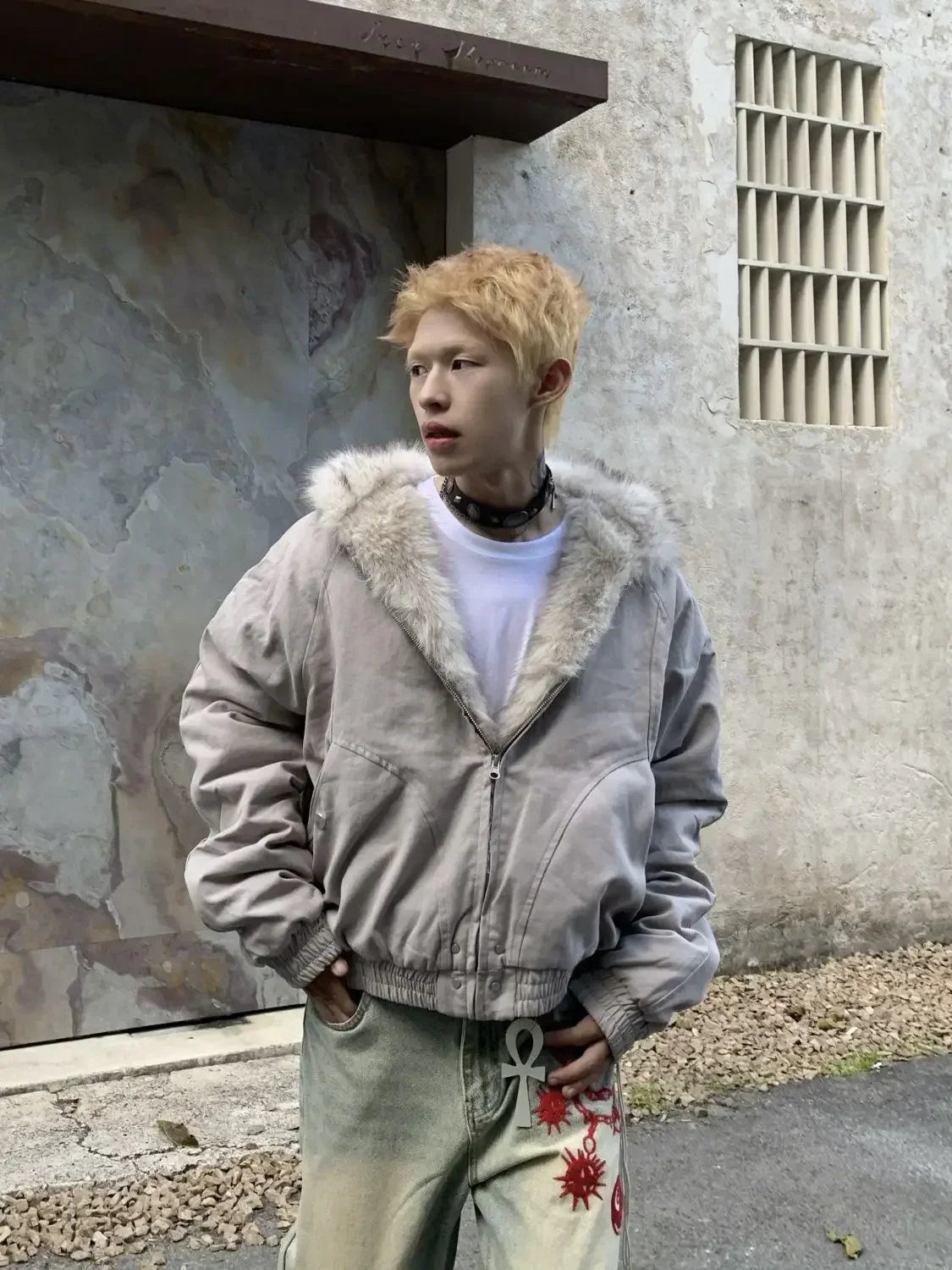 winter retro american woolen collar hooded cotton jacket thick plush top men street hip hop gothic harajuku oversize jacket coat