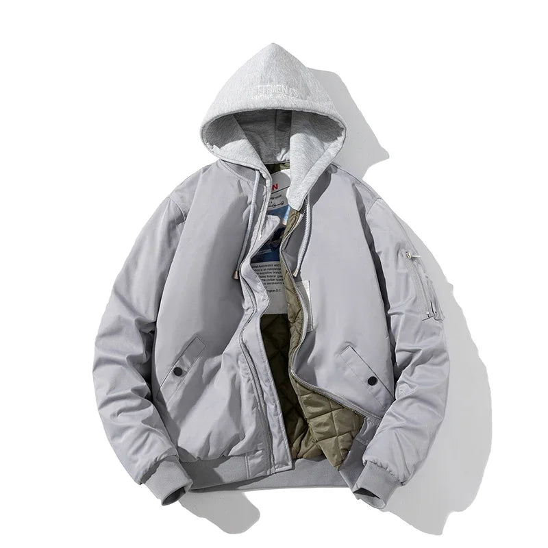 Men Bomber Jacket Solid Autumn Winter Pilot Jacket Women Vintage Fashion Hooded Baseball Coat Casual Windbreak Parkas Red Pink