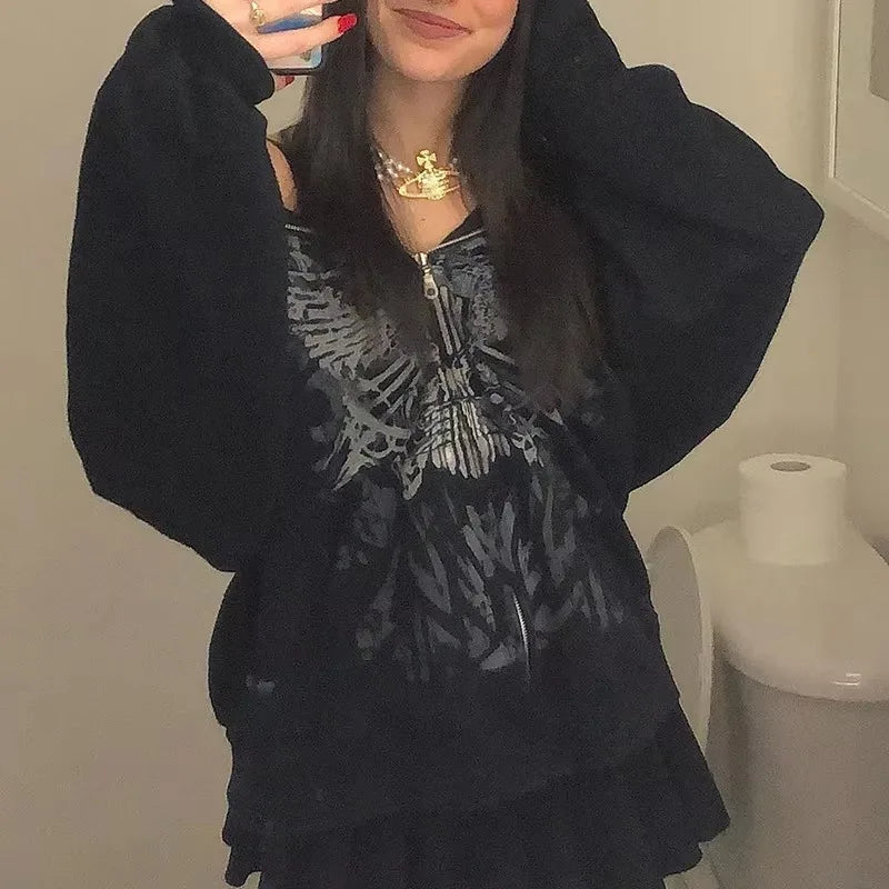 Y2K Gothic Butterfly Print Zip Up Women Hoodies 2025 Winter Grunge Skeleton Sweatshirt Casual Hooded Jacket Streetwear Hoodie