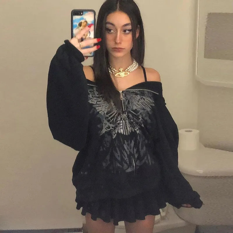 Y2K Gothic Butterfly Print Zip Up Women Hoodies 2025 Winter Grunge Skeleton Sweatshirt Casual Hooded Jacket Streetwear Hoodie