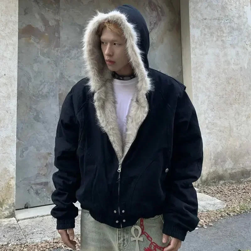 winter retro american woolen collar hooded cotton jacket thick plush top men street hip hop gothic harajuku oversize jacket coat