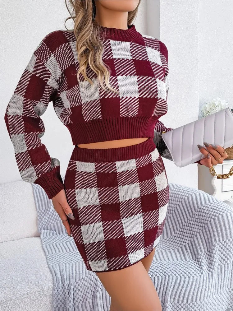 Autumn Winter Women's Clothing New Fashion Contrasting Plaid Long Sleeved Crop Top Sweater Hip Hugging Skirt Casual Suit