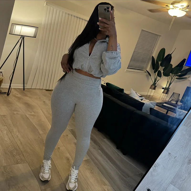 Y2k Autumn Casual Women 2 Piece Set Classic Solid Long Sleeve Drawstring Zip-up Coats Slim Pants Female Basic Sporty Outfits