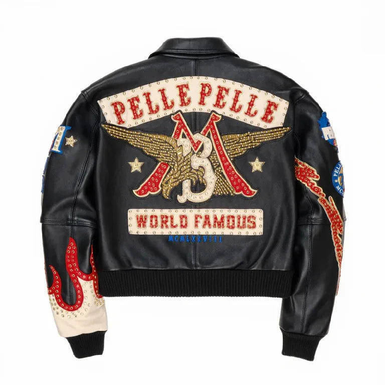 American Vintage Embroidered Leather Jacket Mens Hip Hop Motorcycle Jacket Rivet Patch Eagle Pattern Flame Embroidery Y2K Style