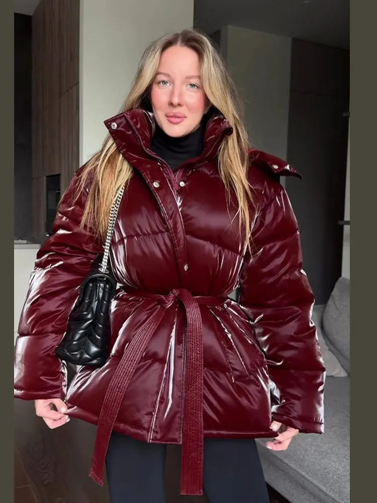 Elegant Women's Shiny Thicken Cotton Coats Hooded Detachable Zippers Lace Up Lady Coat 2025 Winter Chic Female Streetwear