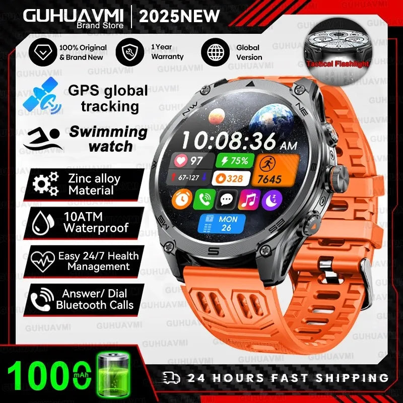 2025 New Military Smart Watch For Men 1000Mah Battery GPS Compass 10ATM Waterproof Flashlight Voice Call Sport Smart Watch Man