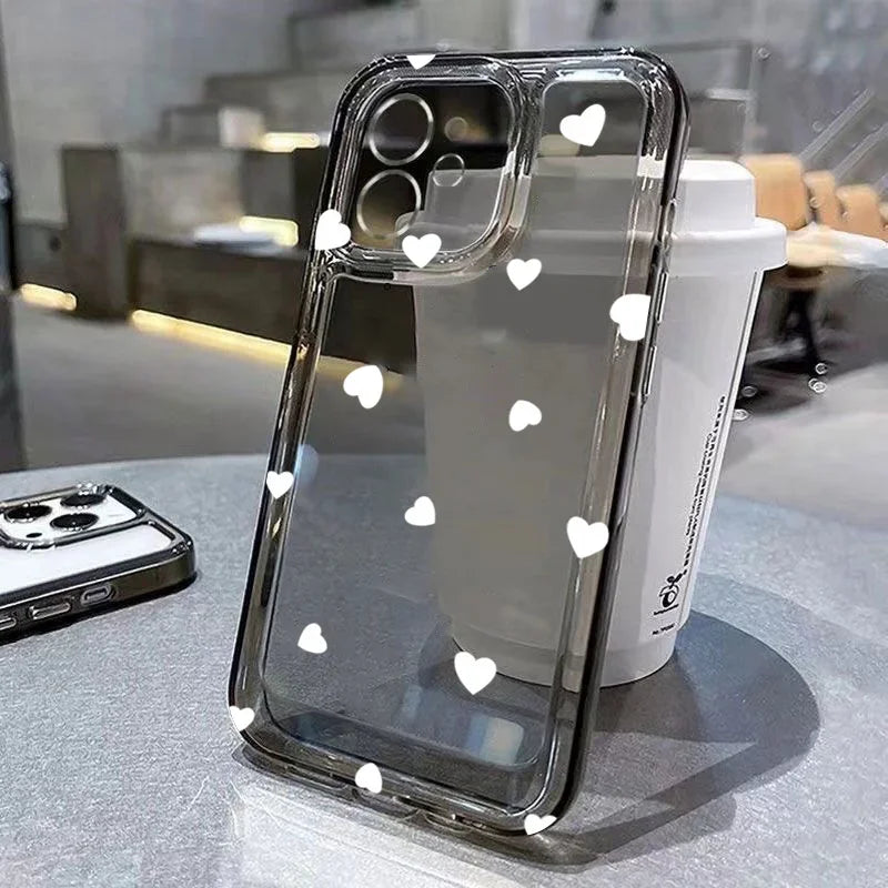 Cute Cartoon Love Heart Phone Case For iPhone 16 17 Air Pro Max 14 12 13 11 15 Case Mini 7 8 Plus Transparent Soft Cover