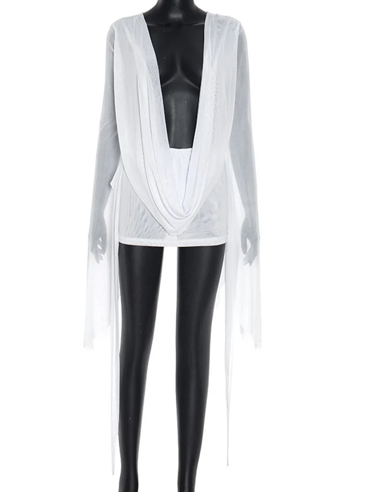 Beyprern Elegant Flare Sleeve V Neck Ruched Sheer Mesh Short Dress Pink Holiday Outfits Beach Cover-Up Dress Night Out Vestidos