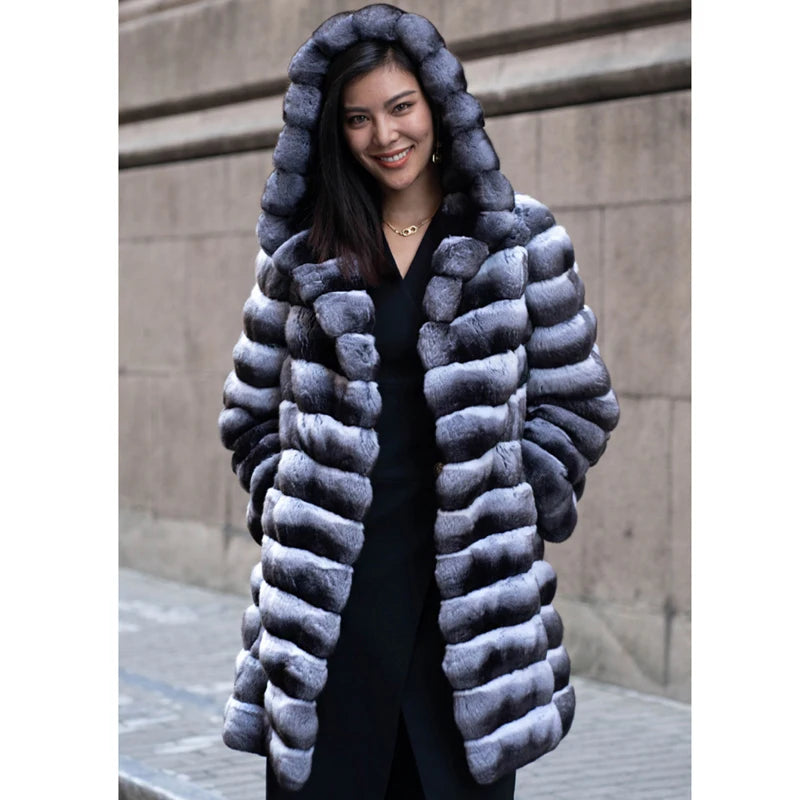 Women's fur coat winter warm mink coat casual mid-length thick hooded trench coat