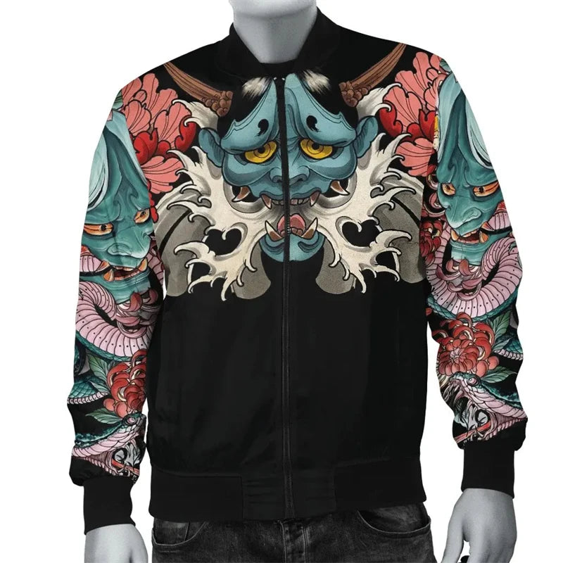 Spring Autumn Mens Bomber Jacket Samurai Oni Mask Tattoo 3D All Over Printed Zip Tracksuits Unisex Casual Zipper Jacket Clothing