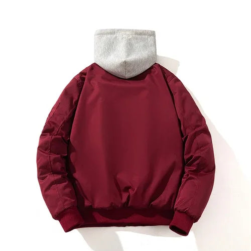 Men Bomber Jacket Solid Autumn Winter Pilot Jacket Women Vintage Fashion Hooded Baseball Coat Casual Windbreak Parkas Red Pink