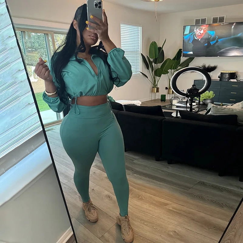 Y2k Autumn Casual Women 2 Piece Set Classic Solid Long Sleeve Drawstring Zip-up Coats Slim Pants Female Basic Sporty Outfits