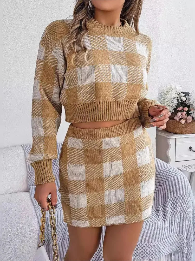 Autumn Winter Women's Clothing New Fashion Contrasting Plaid Long Sleeved Crop Top Sweater Hip Hugging Skirt Casual Suit