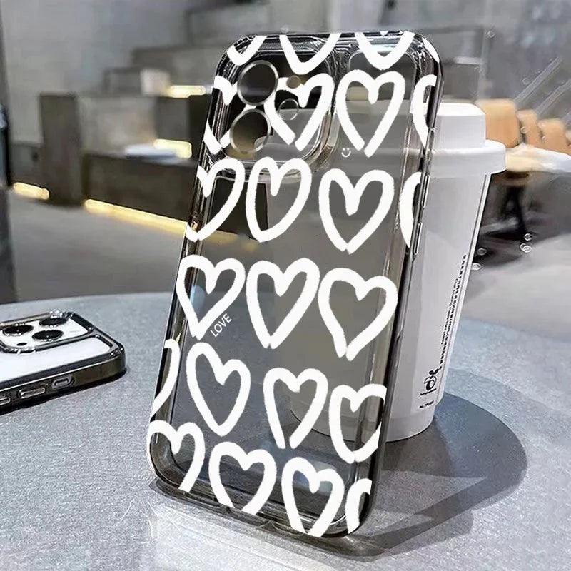 Cute Cartoon Love Heart Phone Case For iPhone 16 17 Air Pro Max 14 12 13 11 15 Case Mini 7 8 Plus Transparent Soft Cover
