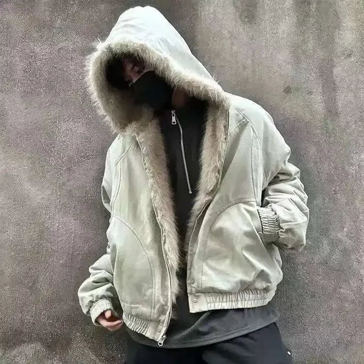 winter retro american woolen collar hooded cotton jacket thick plush top men street hip hop gothic harajuku oversize jacket coat
